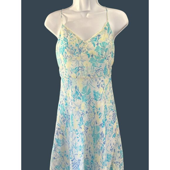 Y2K Vintage Ann Taylor Yellow Blue Silk Baby Doll Floral Slip Dress 2P Coachella - Picture 2 of 8